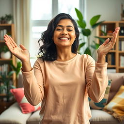 A woman in a cozy living room, praising and uplifting her spirits during tough times