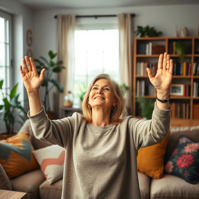 A woman in a cozy living room, praising and uplifting her spirits during tough times