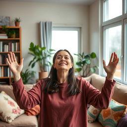 A woman in a cozy living room, praising and uplifting her spirits during tough times