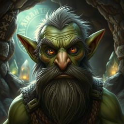 A mature male goblin with a prominent beard, depicted in a detailed fantasy setting