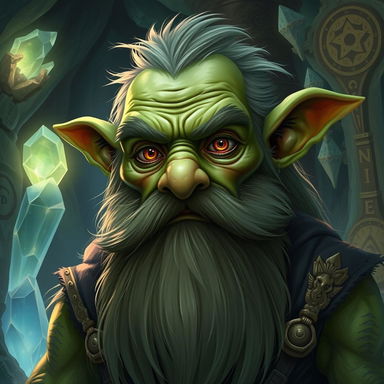 A mature male goblin with a prominent beard, depicted in a detailed fantasy setting
