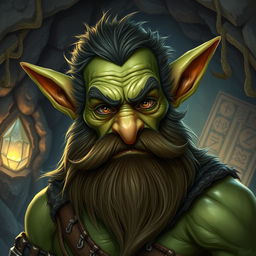 A mature male goblin with a prominent beard, depicted in a detailed fantasy setting