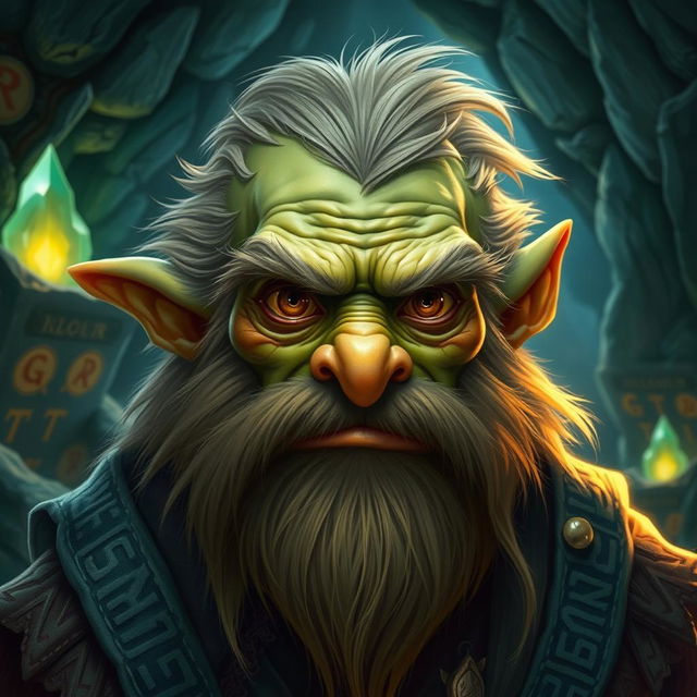 A mature male goblin with a prominent beard, depicted in a detailed fantasy setting