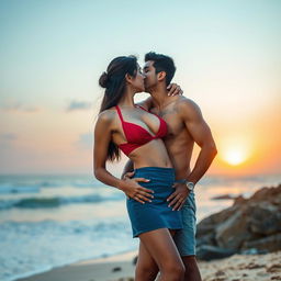 Sensual portrayal of Nushrat Bharucha as a modern and attractive girl wearing a stylish short skirt, confidently removing her bikini top to reveal her captivating cleavage and navel
