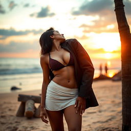 Sensual portrayal of Nushrat Bharucha as a modern and attractive girl wearing a stylish short skirt, confidently removing her bikini top to reveal her captivating cleavage and navel