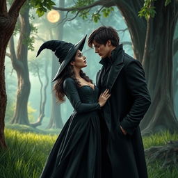 A realistic portrayal of a witch and a vampire sharing a romantic moment in an enchanted forest