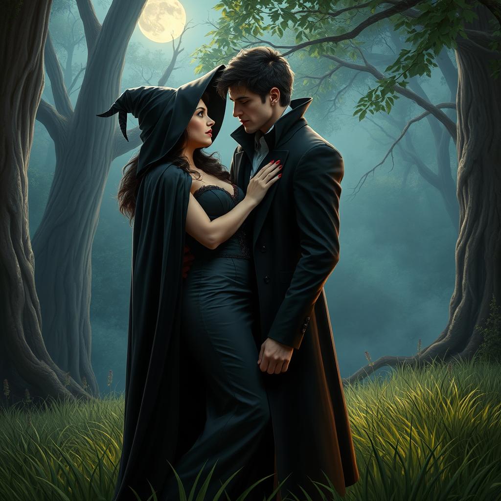 A realistic portrayal of a witch and a vampire sharing a romantic moment in an enchanted forest