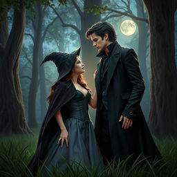 A realistic portrayal of a witch and a vampire sharing a romantic moment in an enchanted forest