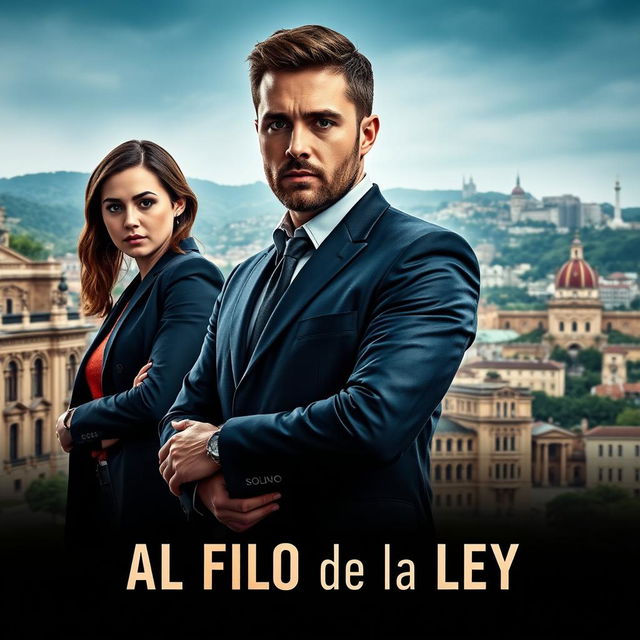 A thrilling police series poster titled 'Al Filo de la Ley', set in the captivating city of Oviedo, Asturias