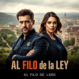 A thrilling police series poster titled 'Al Filo de la Ley', set in the captivating city of Oviedo, Asturias