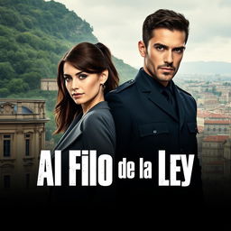 A thrilling police series poster titled 'Al Filo de la Ley', set in the captivating city of Oviedo, Asturias