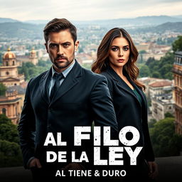 A thrilling police series poster titled 'Al Filo de la Ley', set in the captivating city of Oviedo, Asturias