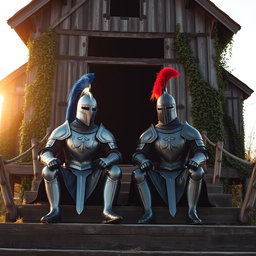 Two knights sitting on the steps of a large abandoned wooden building, both in intricately detailed armor reflecting medieval design