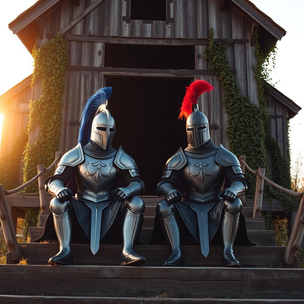 Two knights sitting on the steps of a large abandoned wooden building, both in intricately detailed armor reflecting medieval design