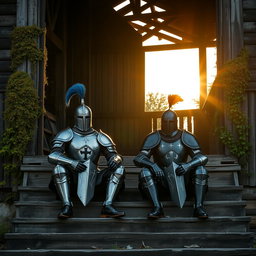 Two knights sitting on the steps of a large abandoned wooden building, both in intricately detailed armor reflecting medieval design