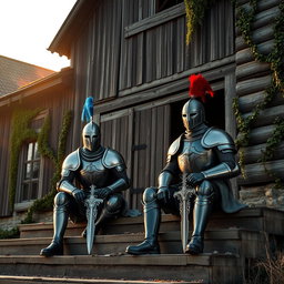 Two knights sitting on the steps of a large abandoned wooden building, both in intricately detailed armor reflecting medieval design