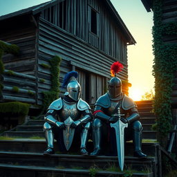 Two knights sitting on the steps of a large abandoned wooden building, both in intricately detailed armor reflecting medieval design