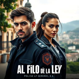 A captivating police series poster titled 'Al Filo de la Ley', set in the scenic city of Oviedo, Asturias