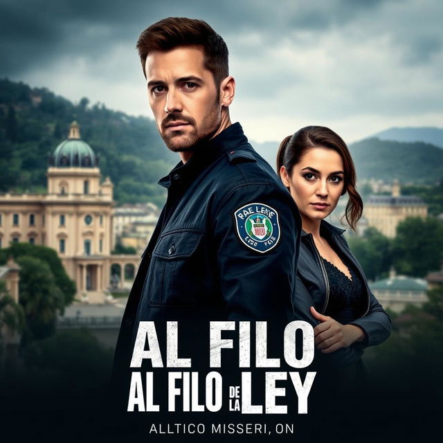 A captivating police series poster titled 'Al Filo de la Ley', set in the scenic city of Oviedo, Asturias