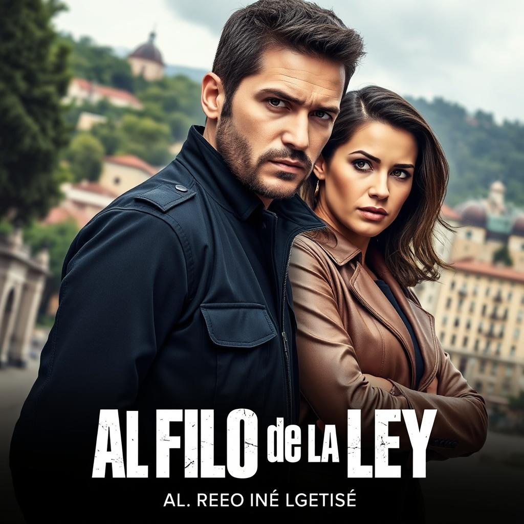 A captivating police series poster titled 'Al Filo de la Ley', set in the scenic city of Oviedo, Asturias