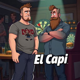 In an adult animation style, a 25-year-old man who is stocky, very tall, and in poor physical shape holds a set of darts in his hand