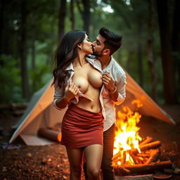 Sensual portrayal of Nushrat Bharucha as a modern and attractive girl wearing a stylish short skirt, confidently removing her shirt to reveal her captivating cleavage and navel