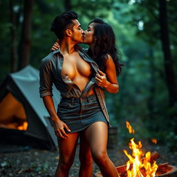 Sensual portrayal of Nushrat Bharucha as a modern and attractive girl wearing a stylish short skirt, confidently removing her shirt to reveal her captivating cleavage and navel