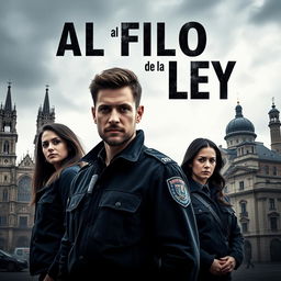 A dramatic poster for a police series titled 'Al Filo de la Ley' set in the city of Oviedo, Asturias