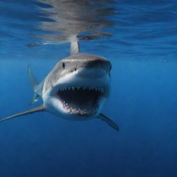 A menacing shark, its sharp teeth exposed, swimming in the deep blue mystery of the ocean illuminated by a faint reflected sunlight.