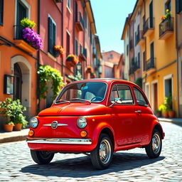 A vibrant red Fiat 500 parked on a picturesque cobblestone street in an Italian village