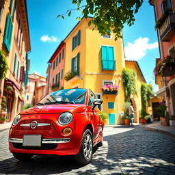 A vibrant red Fiat 500 parked on a picturesque cobblestone street in an Italian village