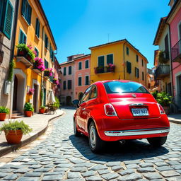 A vibrant red Fiat 500 parked on a picturesque cobblestone street in an Italian village