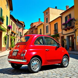 A vibrant red Fiat 500 parked on a picturesque cobblestone street in an Italian village