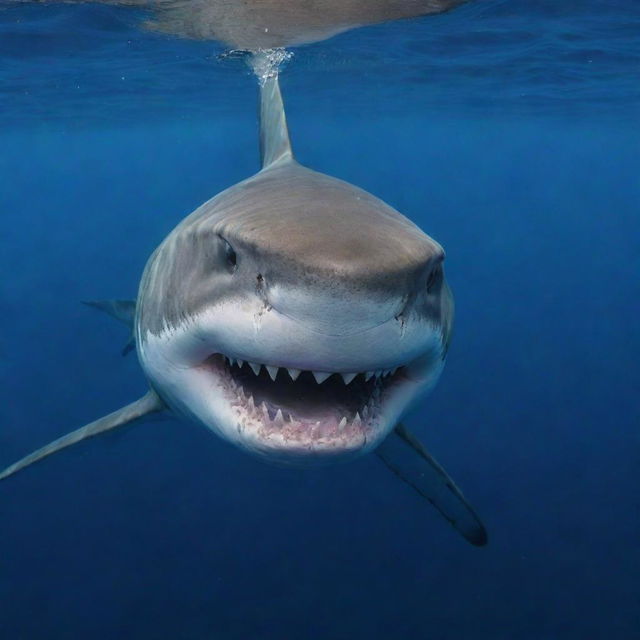 A menacing shark, its sharp teeth exposed, swimming in the deep blue mystery of the ocean illuminated by a faint reflected sunlight.