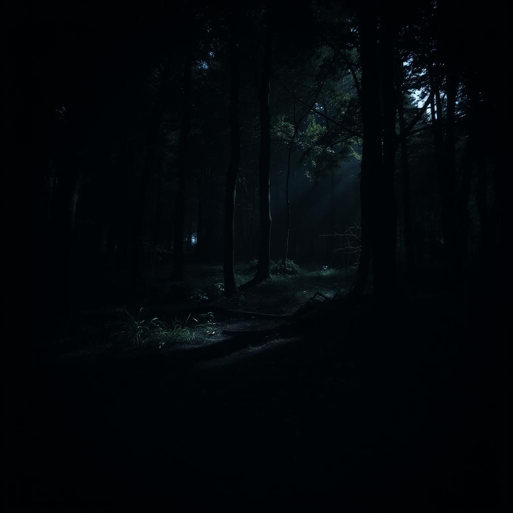 A dark, mysterious forest scene, with dense trees and shadows creating an eerie atmosphere