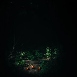 A dark, mysterious forest scene, with dense trees and shadows creating an eerie atmosphere