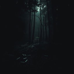 A dark, mysterious forest scene, with dense trees and shadows creating an eerie atmosphere