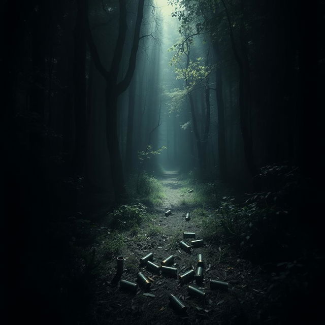 A dark, mysterious forest scene, with dense trees and shadows creating an eerie atmosphere