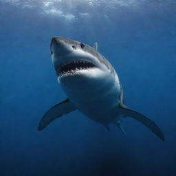 A menacing shark, its sharp teeth exposed, swimming in the deep blue mystery of the ocean illuminated by a faint reflected sunlight.