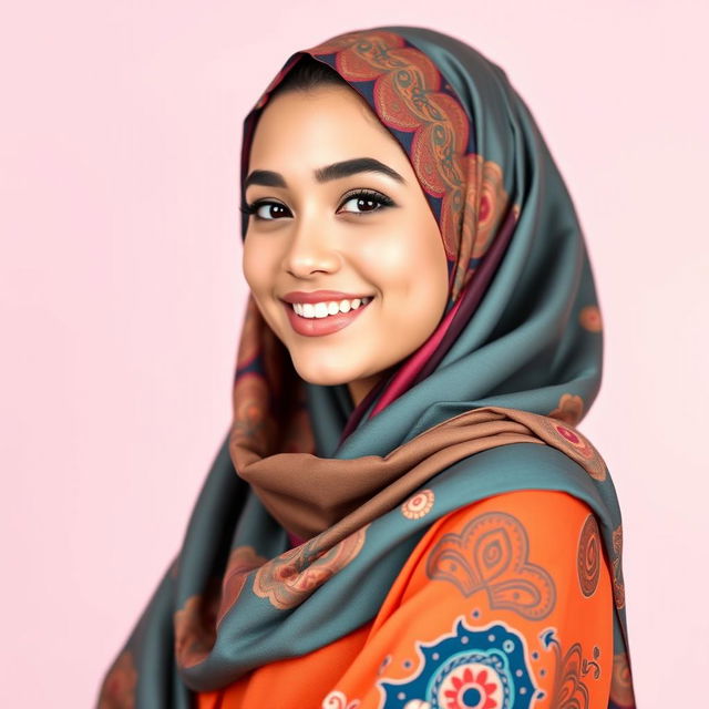 A beautiful young woman wearing a vibrant hijab, showcasing her cultural heritage