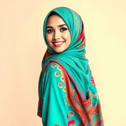 A beautiful young woman wearing a vibrant hijab, showcasing her cultural heritage