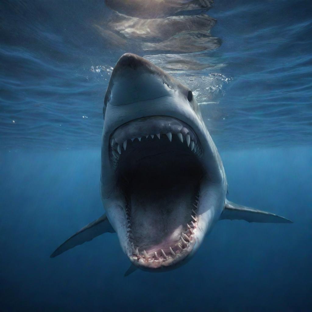 An incredibly lifelike image of a frightening shark, teeth bared, swimming through the deep, mysterious ocean under the dim glow of refracted sunlight.