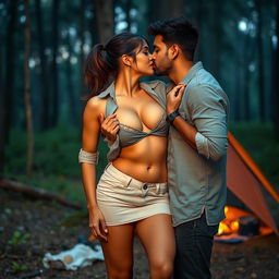 Sensual portrayal of Nushrat Bharucha as a hot modern girl wearing a stylish short skirt and bold red lipstick, confidently removing her shirt to reveal her captivating cleavage and navel