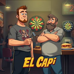 In an adult animation style, a 25-year-old man who is stocky, very tall, and in poor physical shape holds a set of darts in his hand