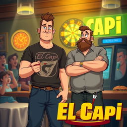 In an adult animation style, a 25-year-old man who is stocky, very tall, and in poor physical shape holds a set of darts in his hand