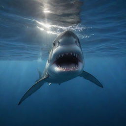 An incredibly lifelike image of a frightening shark, teeth bared, swimming through the deep, mysterious ocean under the dim glow of refracted sunlight.