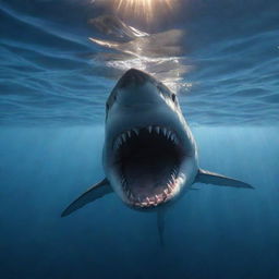 An incredibly lifelike image of a frightening shark, teeth bared, swimming through the deep, mysterious ocean under the dim glow of refracted sunlight.