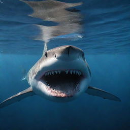 An incredibly lifelike image of a frightening shark, teeth bared, swimming through the deep, mysterious ocean under the dim glow of refracted sunlight.