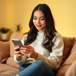 A young woman sitting comfortably on a cozy sofa, focused on her mobile phone