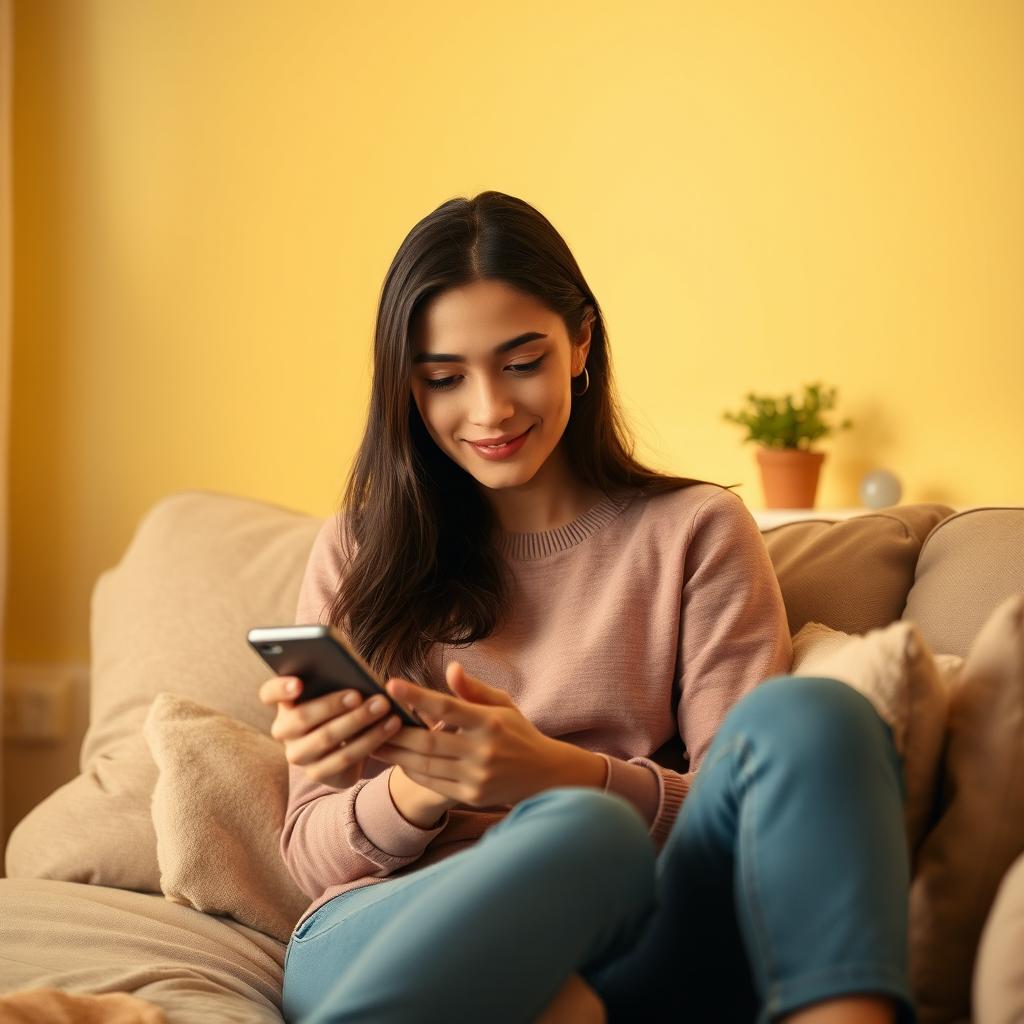 A young woman sitting comfortably on a cozy sofa, focused on her mobile phone